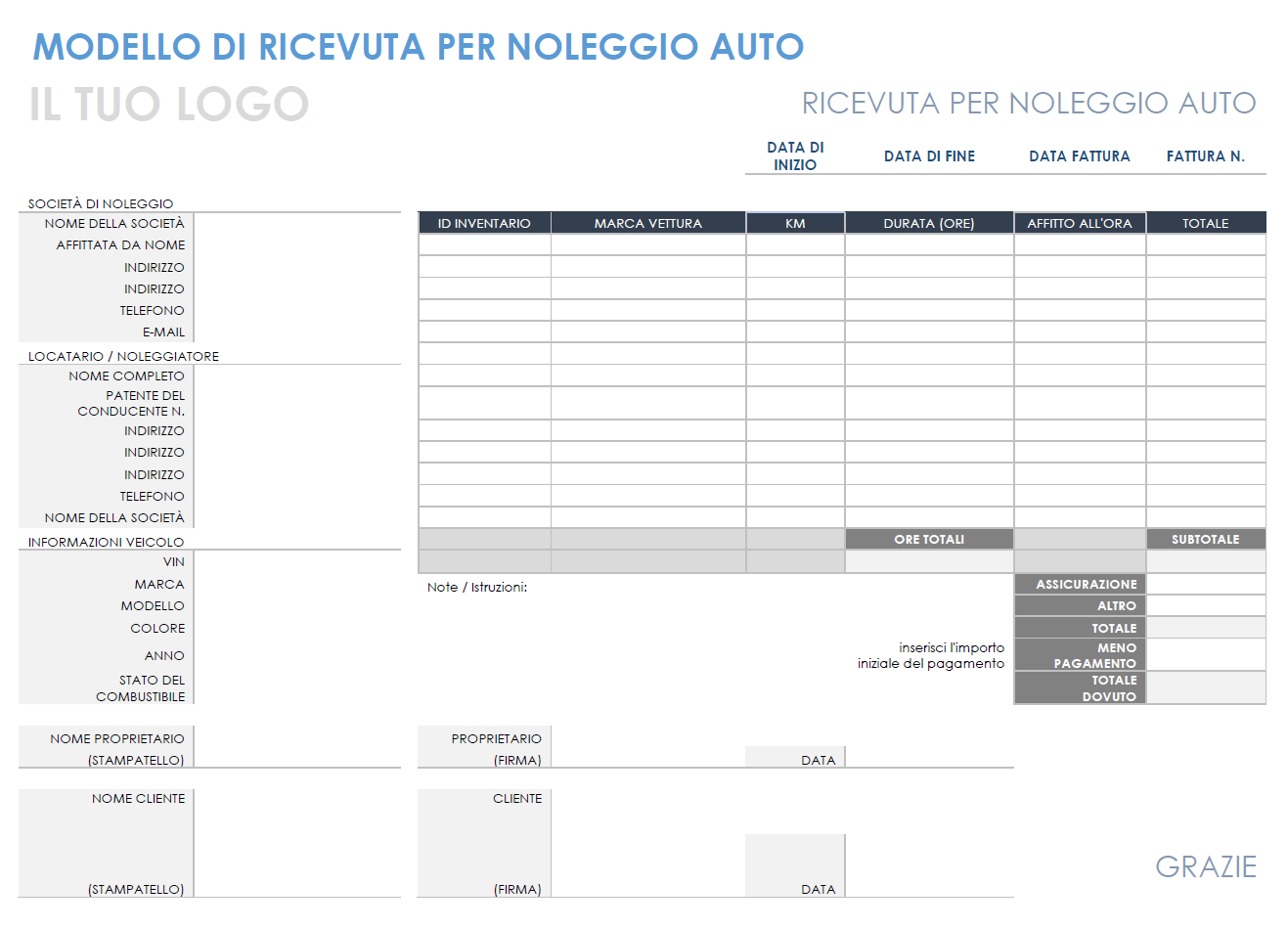  modello di ricevuta di noleggio auto