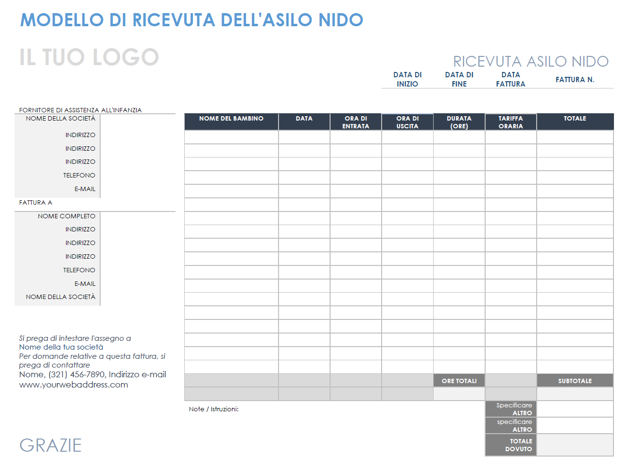  modello di ricevuta dell'asilo nido