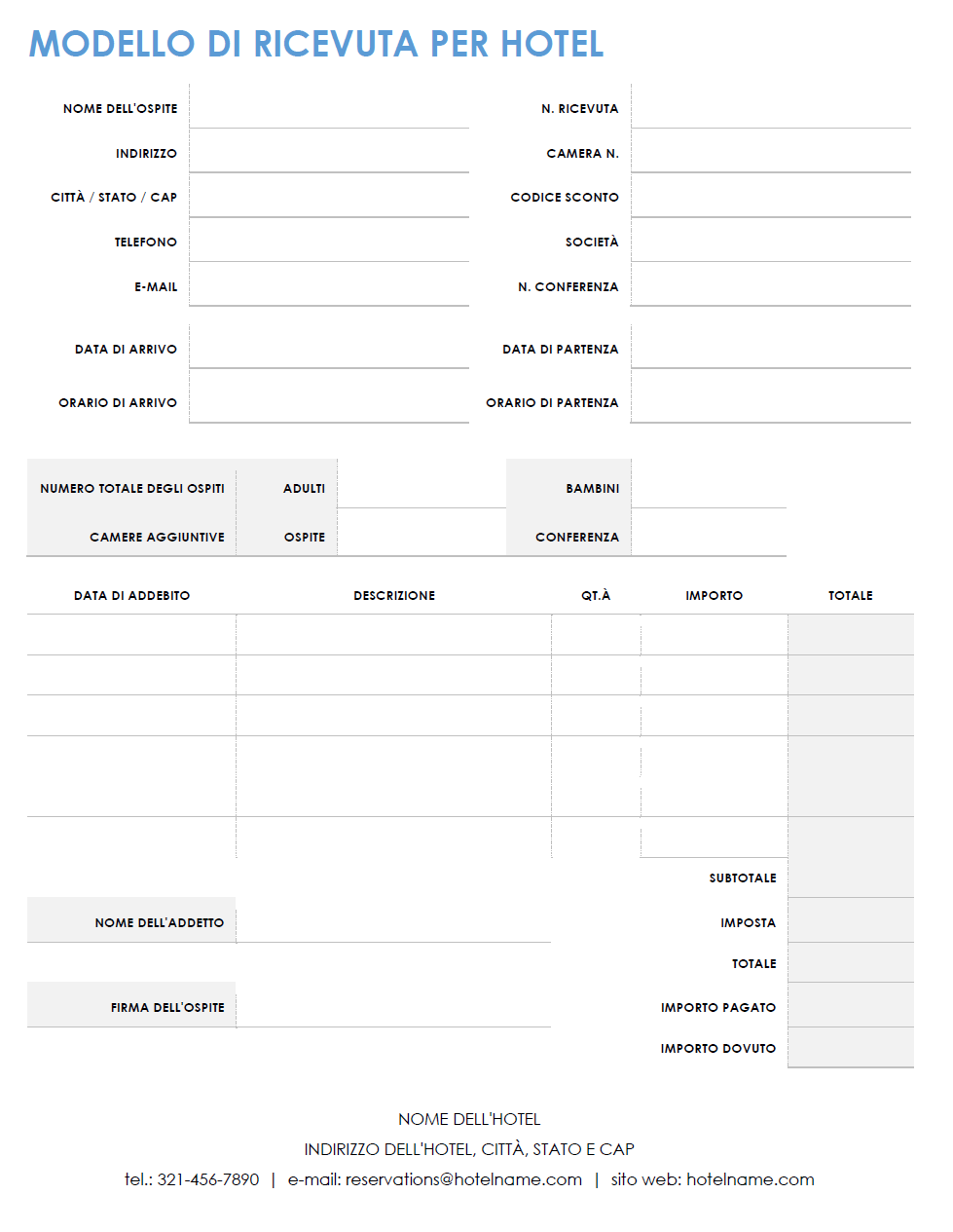 modello di ricevuta dell'hotel