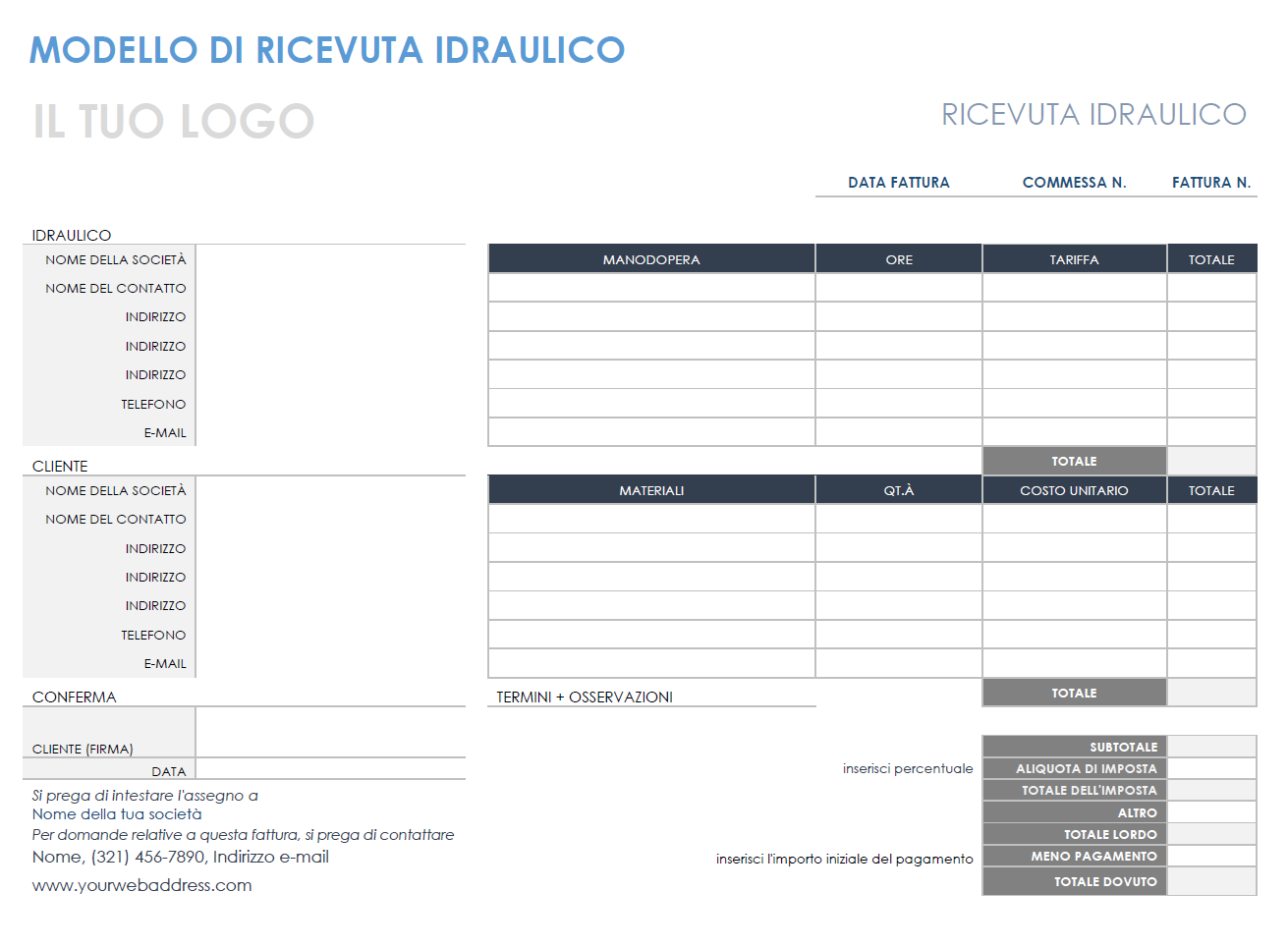 modello di ricevuta dell'idraulico