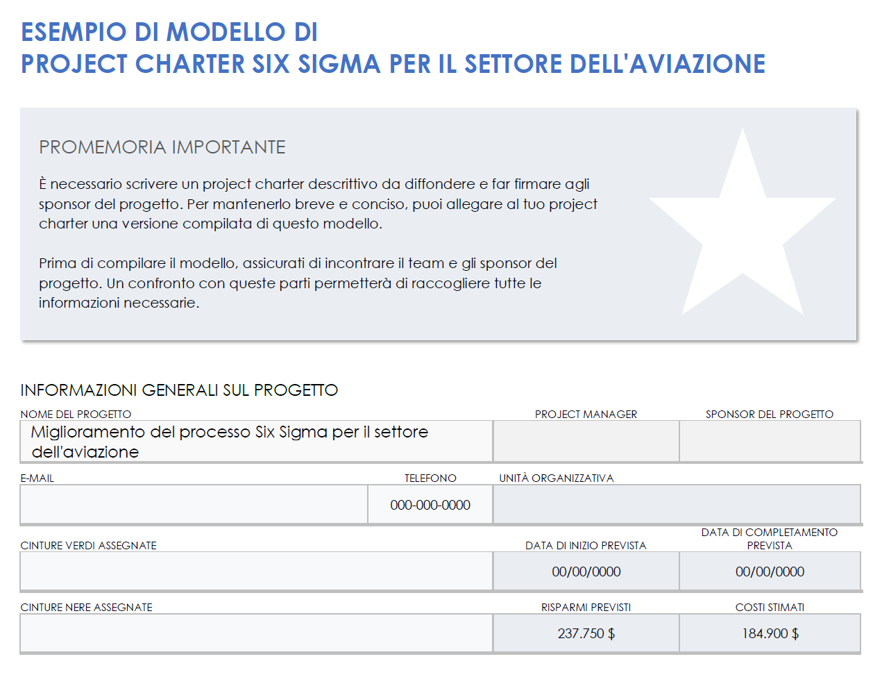 Esempio di project charter sei sigma per l'aviazione