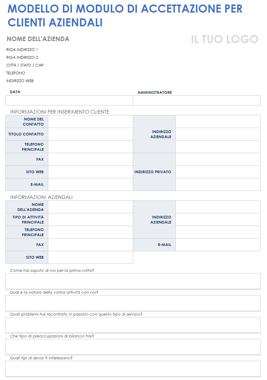 Modulo di assunzione clienti aziendali aziendali