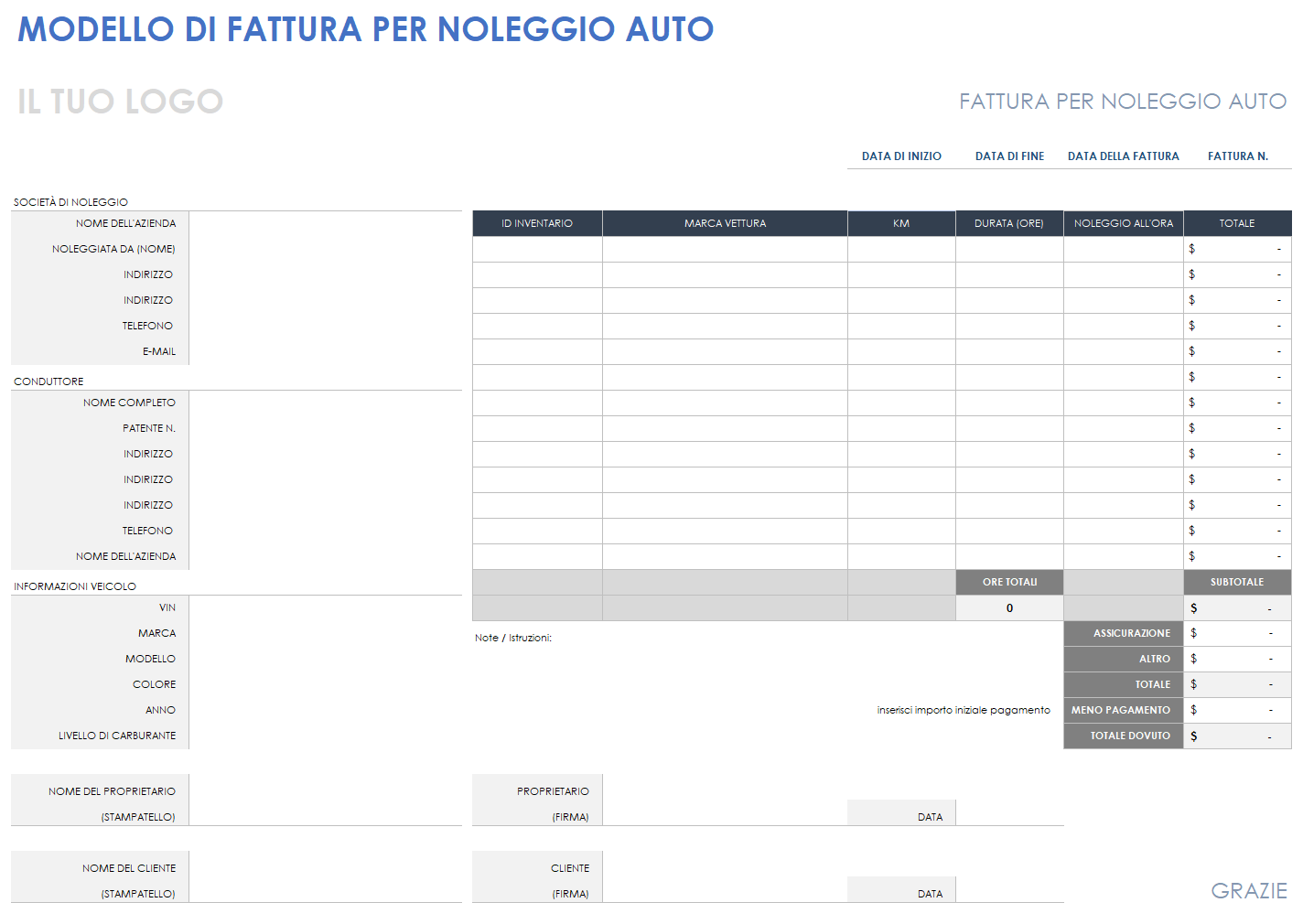 Fattura del noleggio auto