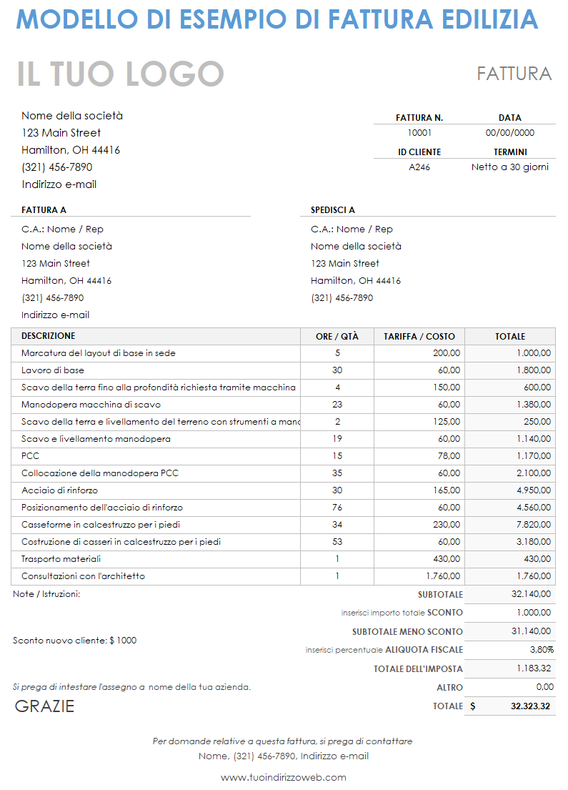 Esempio di fattura per la fatturazione dell'edilizia