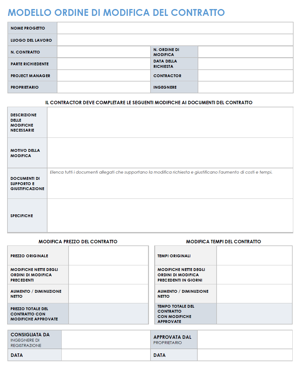 Modello di ordine di modifica del contratto