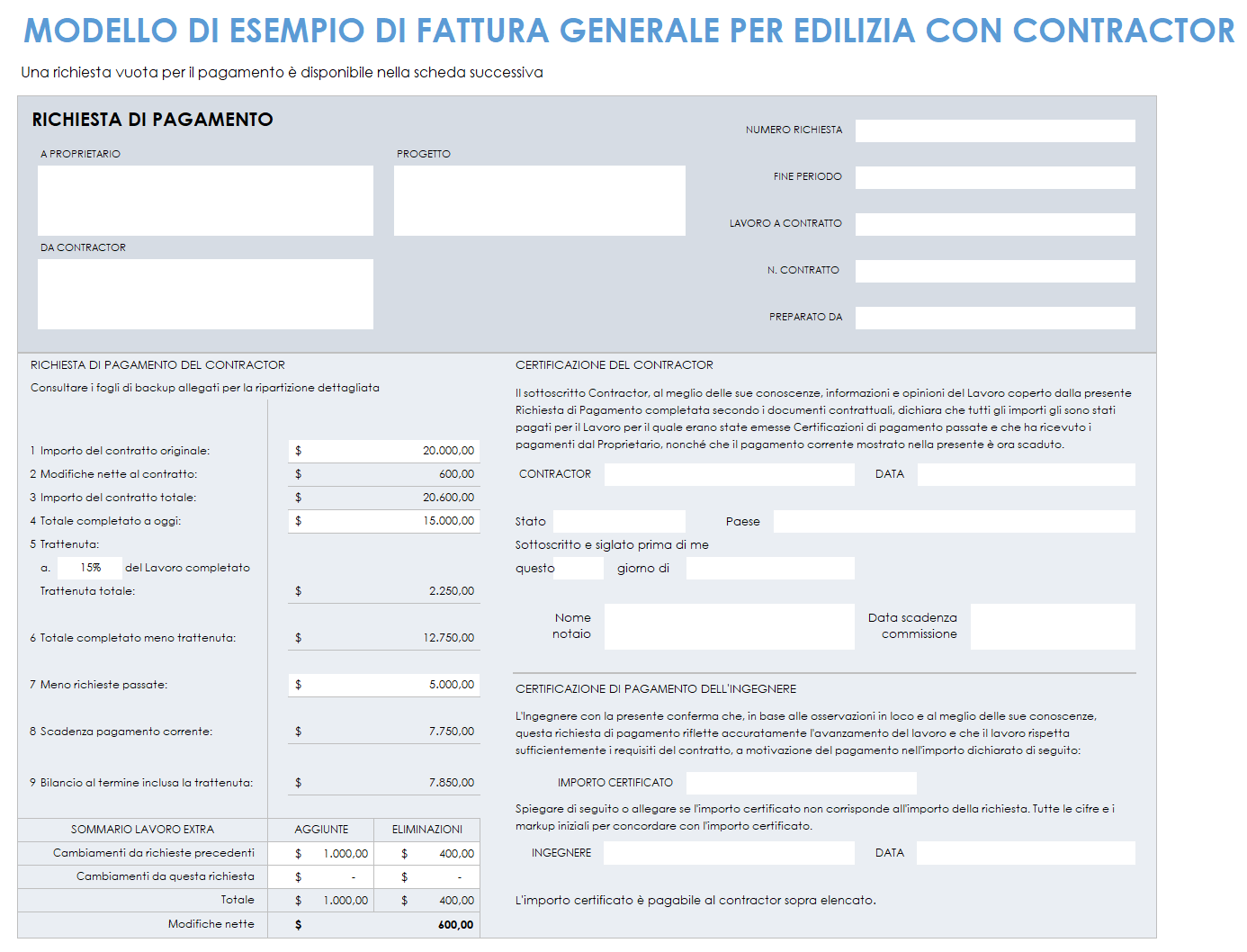 Esempio di fattura di costruzione dell'appaltatore generale