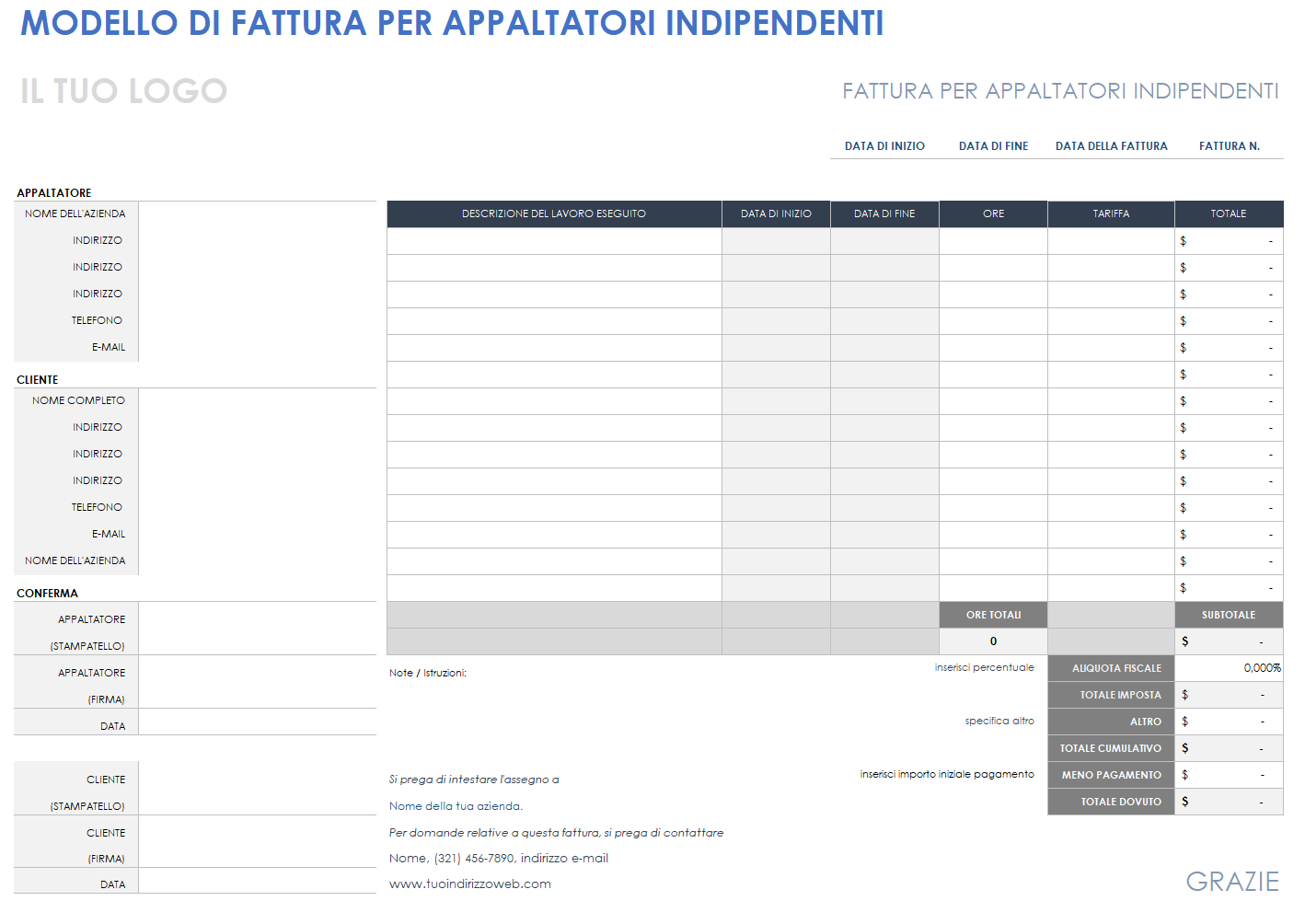 Fattura dell'appaltatore indipendente