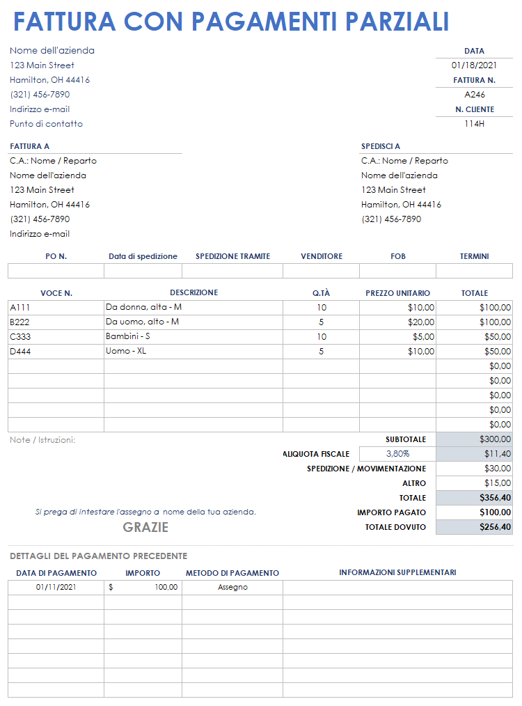 Fattura con pagamento parziale