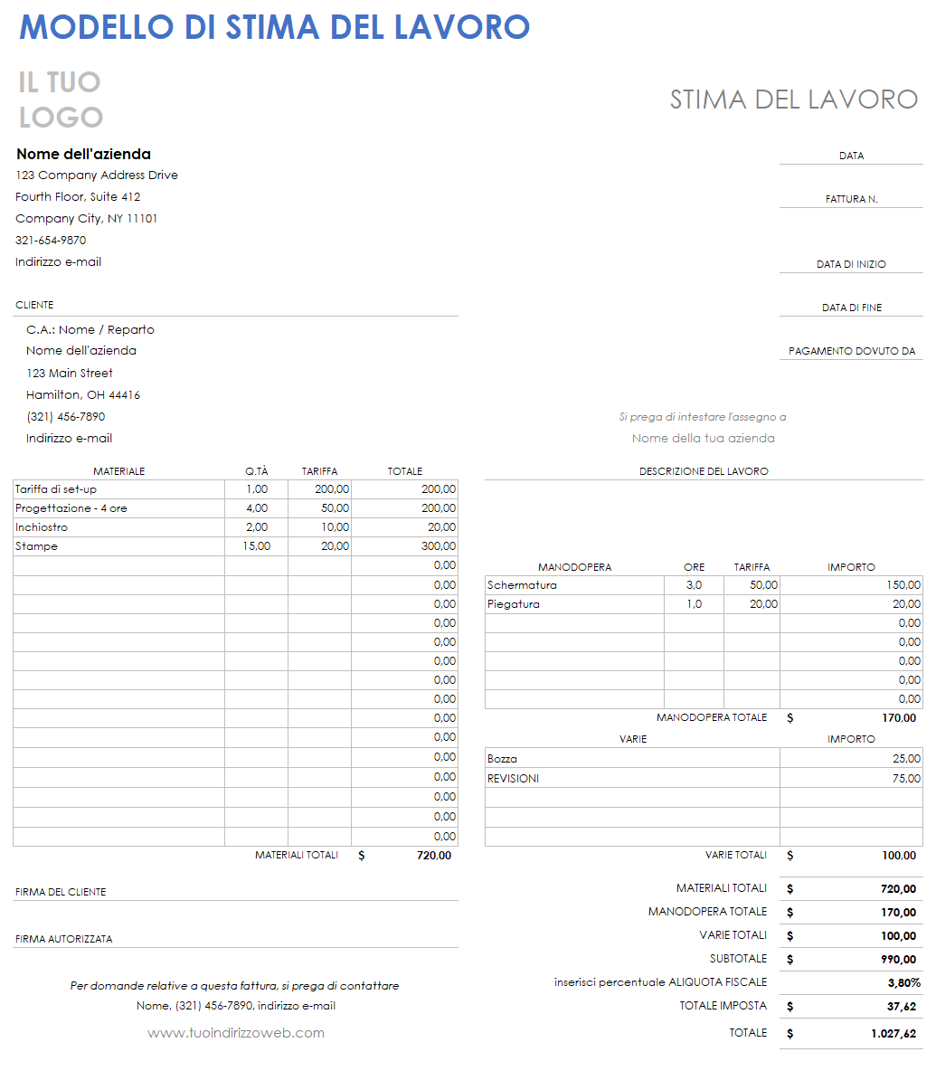 Modello per preventivo di lavoro