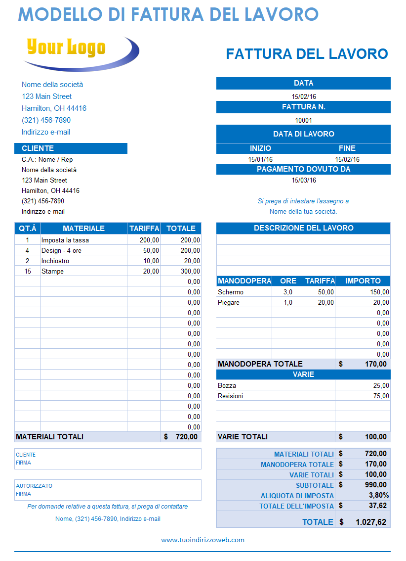 Modello di fattura di lavoro
