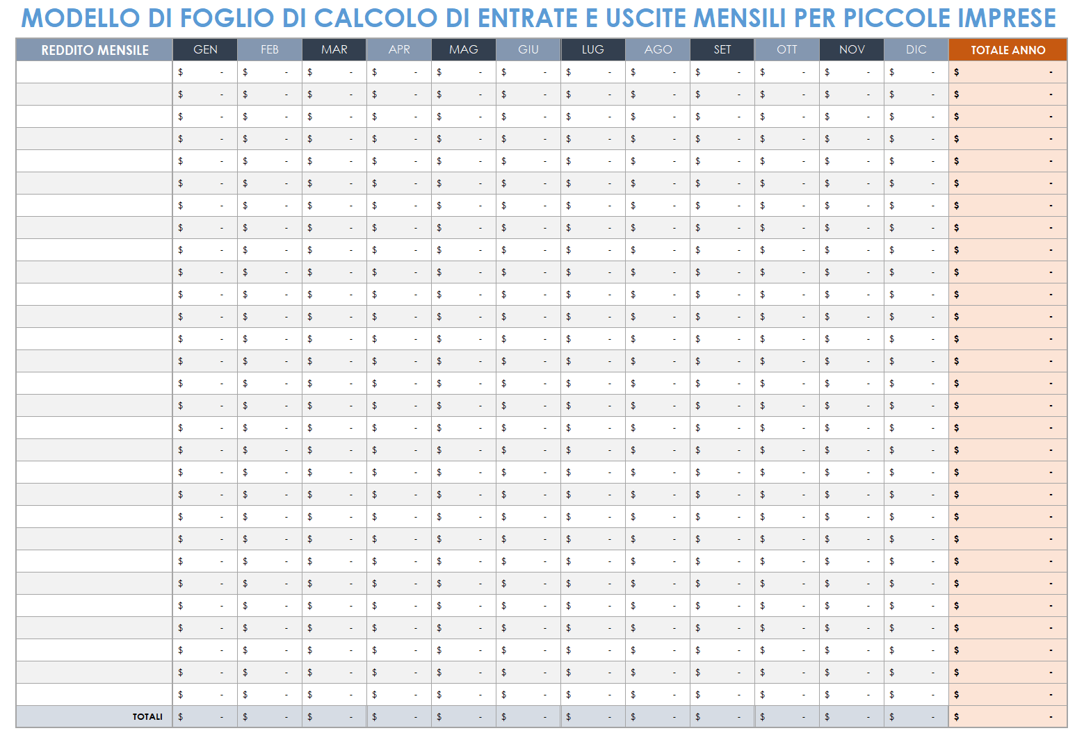 Foglio di lavoro mensile sulle entrate e sulle spese delle piccole imprese