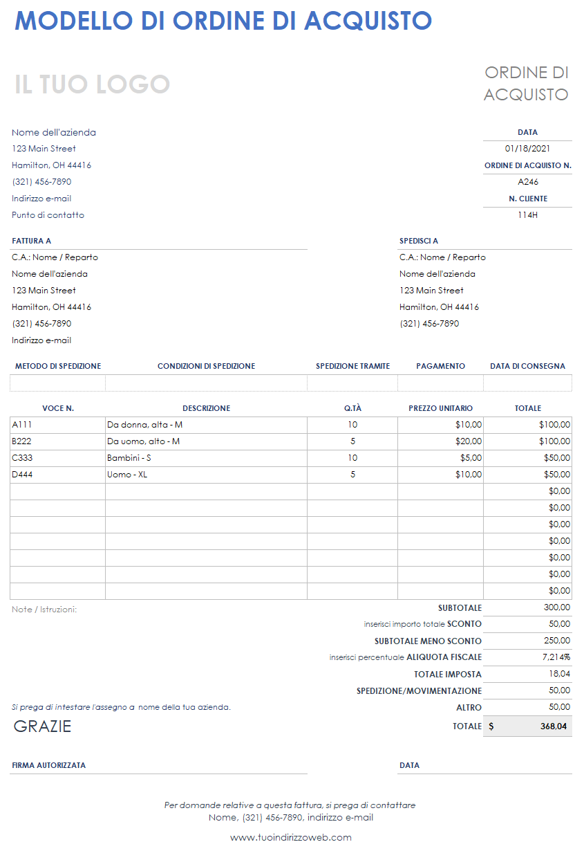 Modello dell'ordine di acquisto