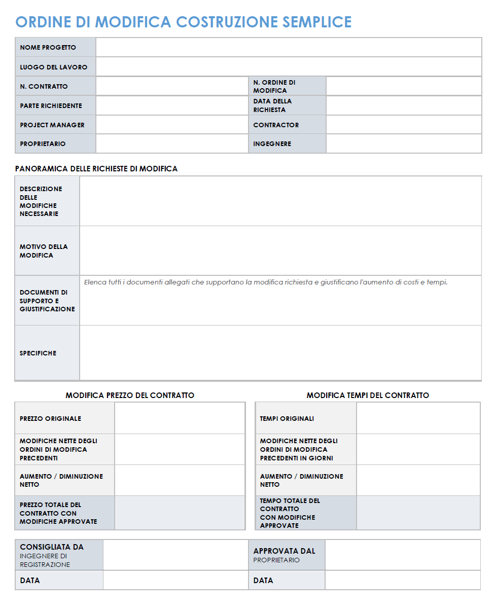 Modello semplice di ordine di modifica della costruzione