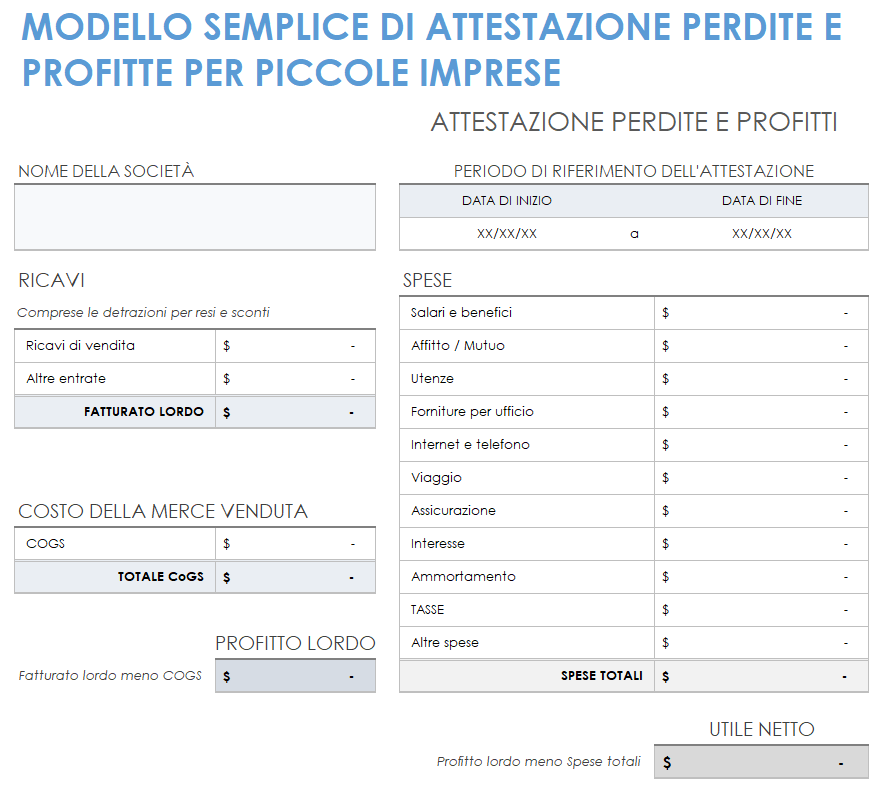 Profitti e perdite semplici per piccole imprese