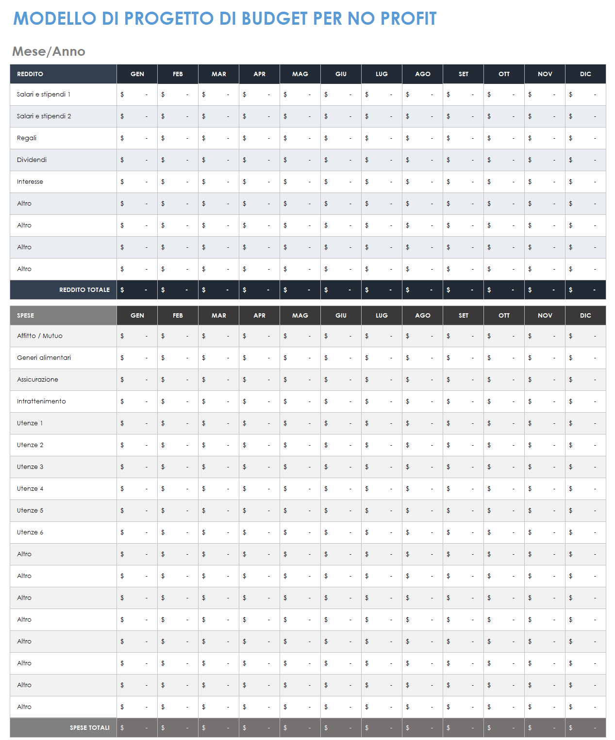 Budget per progetto no-profit