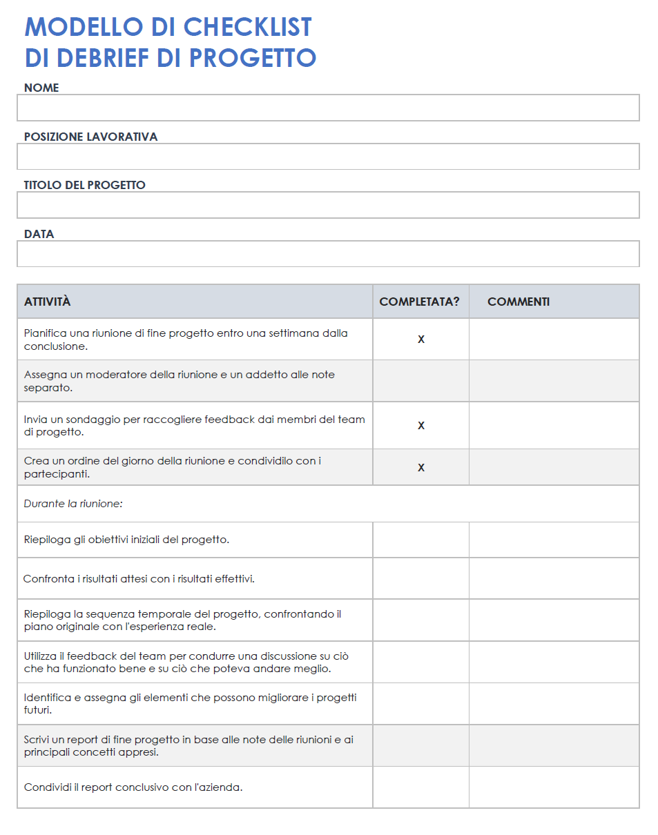 Lista di controllo del debriefing del progetto