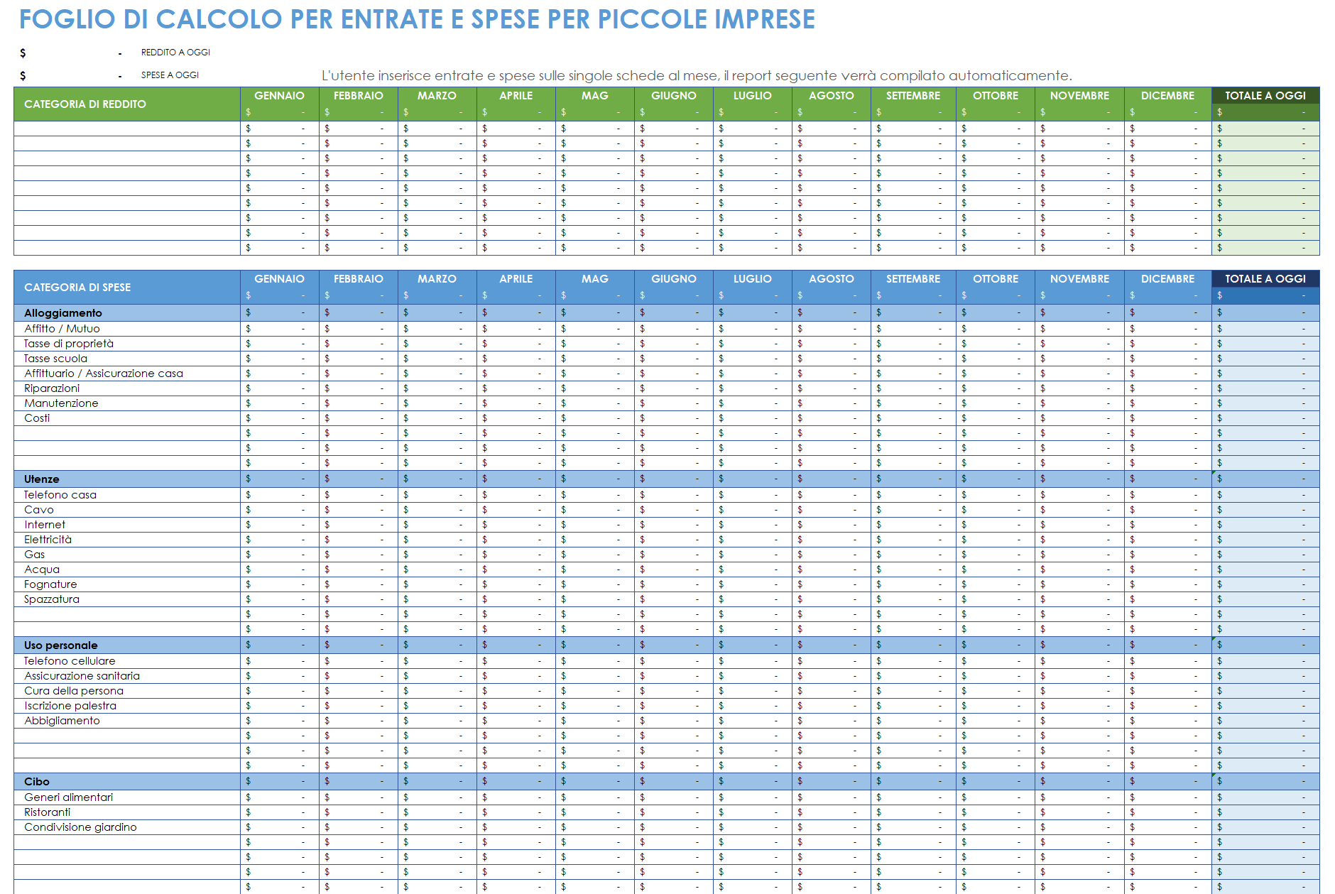 Foglio di calcolo per piccole imprese per entrate e uscite