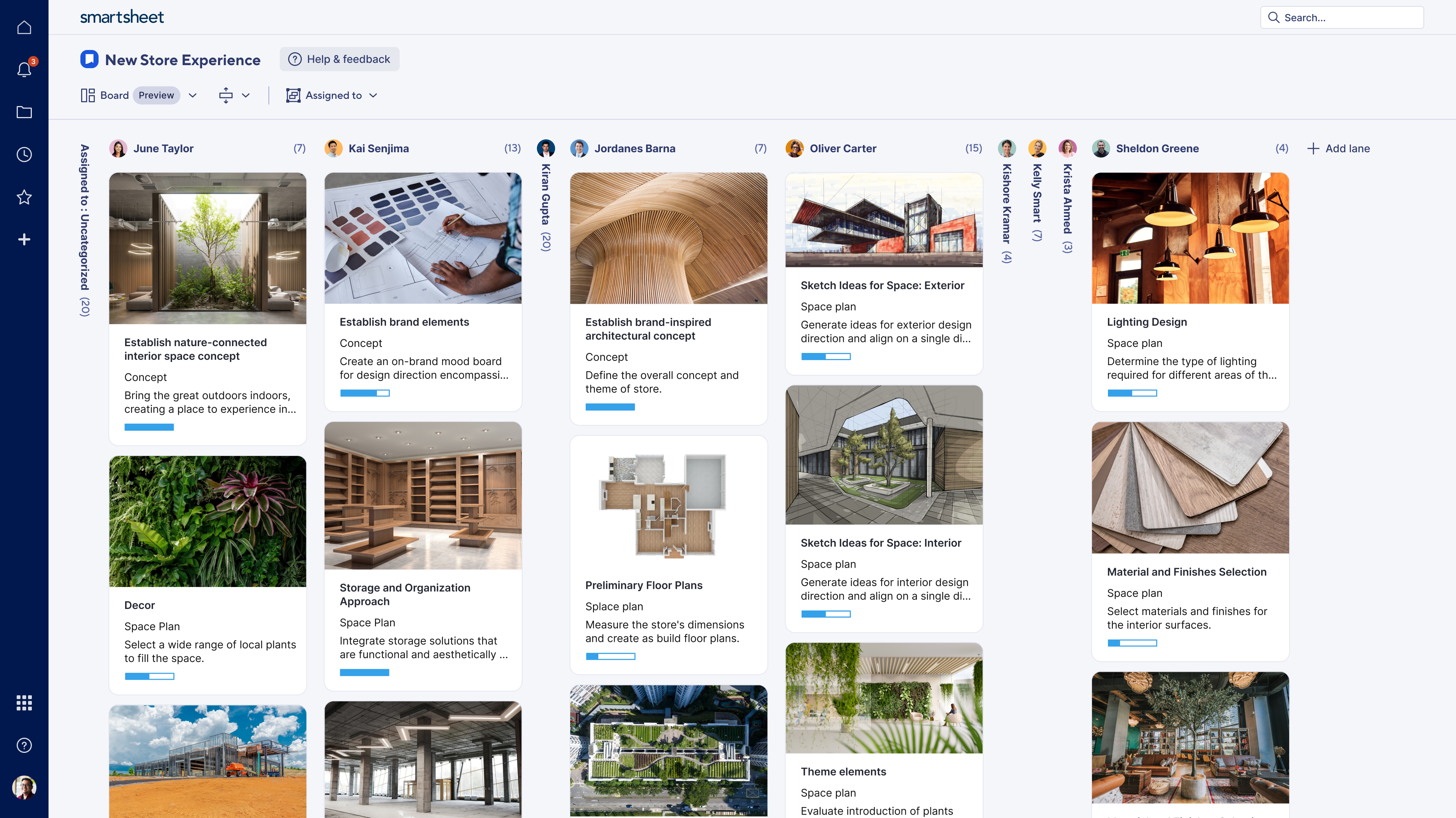 The new Smartsheet board view, exemplified by an organization's new store experience project. This board layout presents tasks organized in vertical lanes that are accompanied by visually captivating images displayed prominently on each task card.