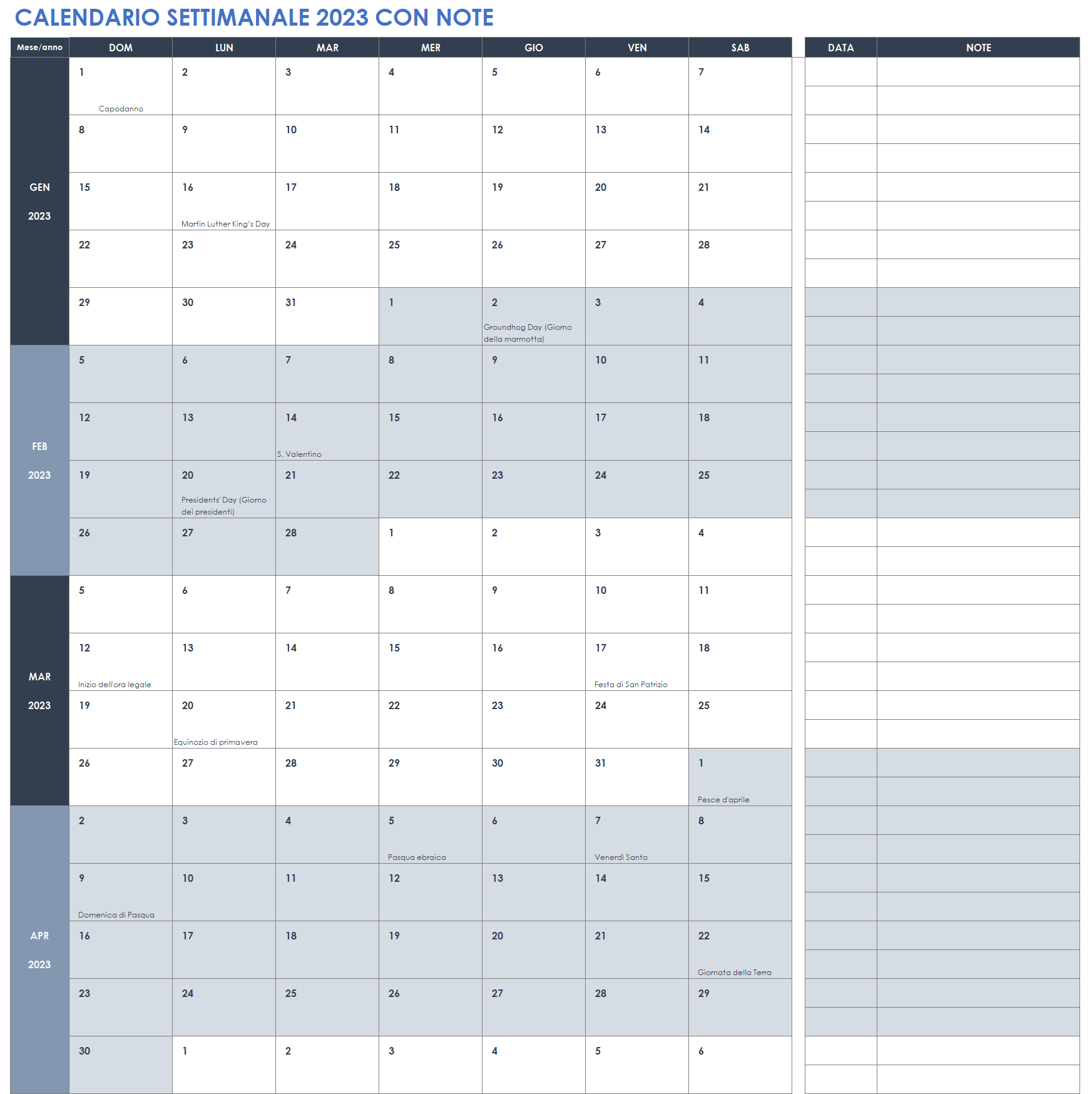 Calendario settimanale 2023 con note