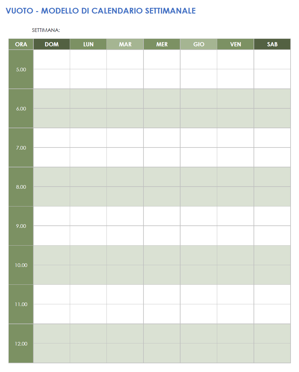 Modello verticale calendario settimanale vuoto