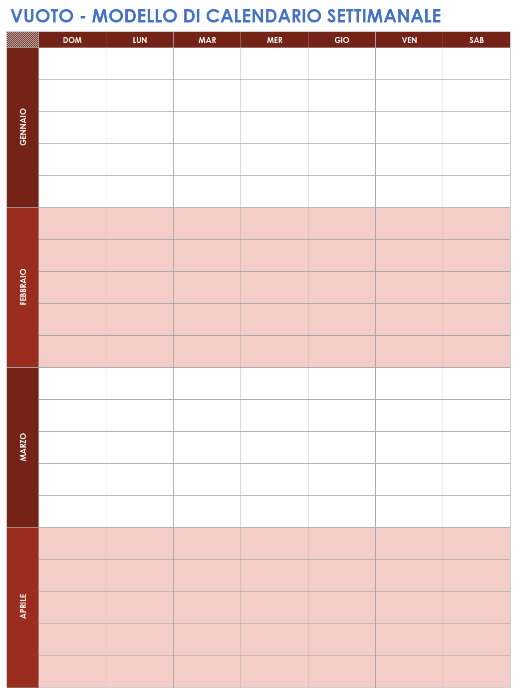 Calendario settimanale vuoto di pianificazione personale di lavoro