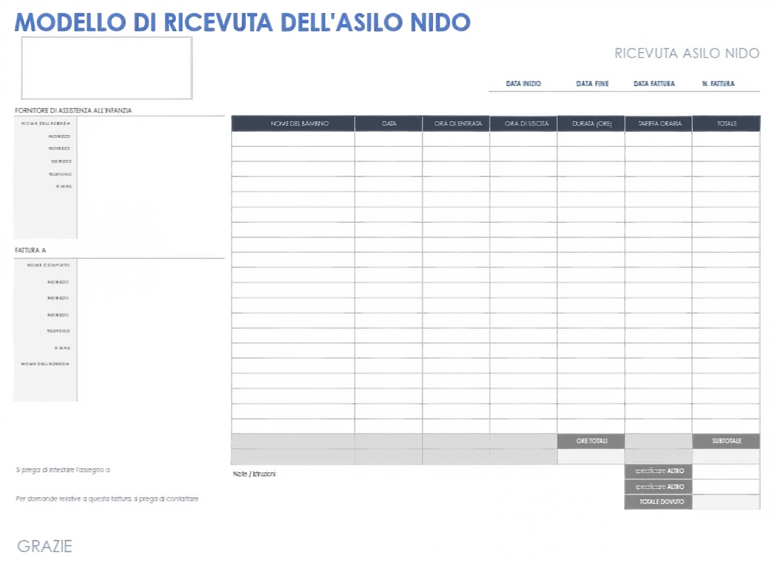  Modello di ricevuta dell'asilo nido