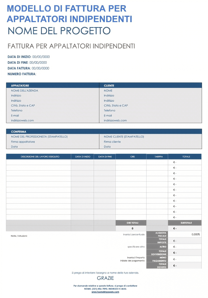  Modello di fattura per appaltatore indipendente
