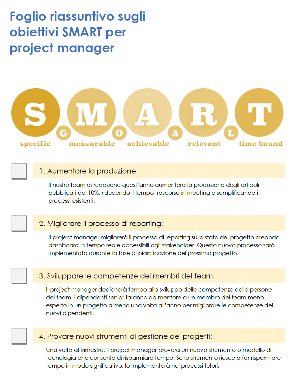  Modello di foglio informativo sugli obiettivi SMART per i project manager