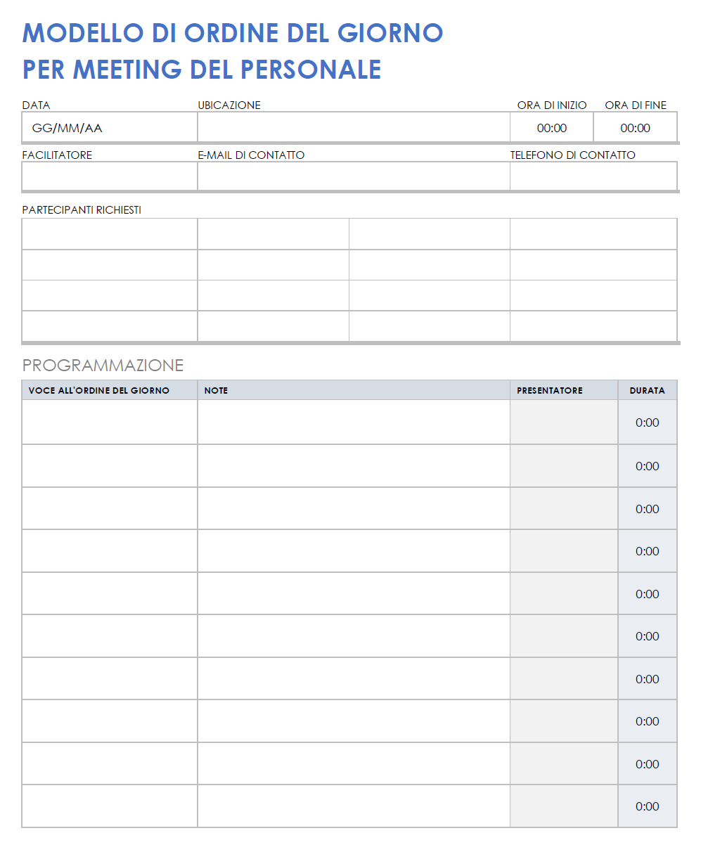  Modello di ordine del giorno della riunione del personale
