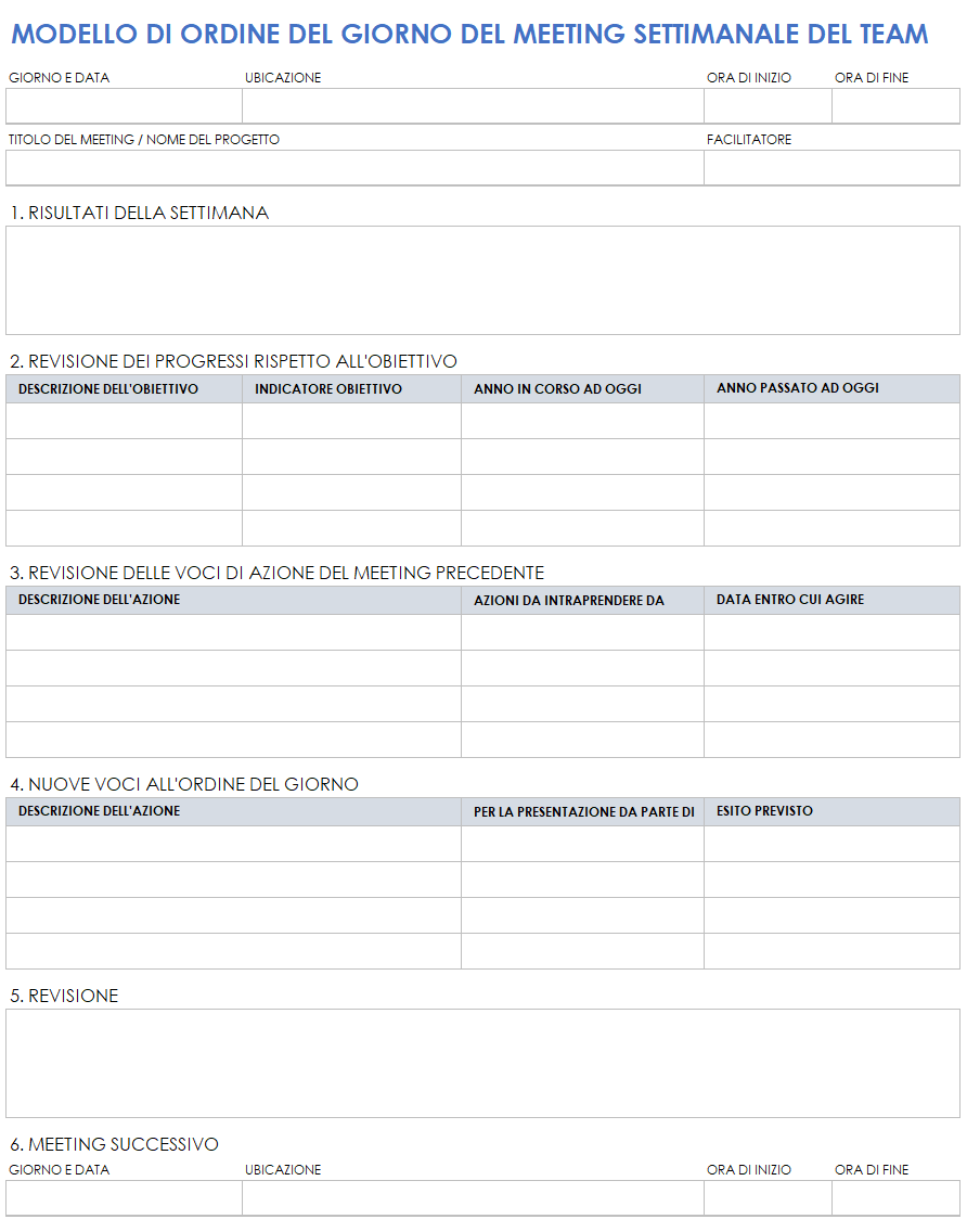  Modello di agenda settimanale della riunione di squadra