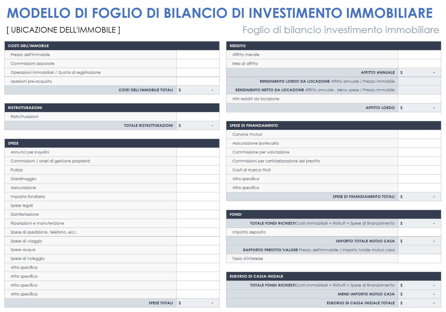 Modello di bilancio per investimenti immobiliari