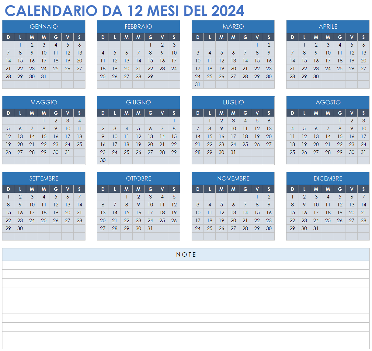  Modello di calendario 2024 12 mesi