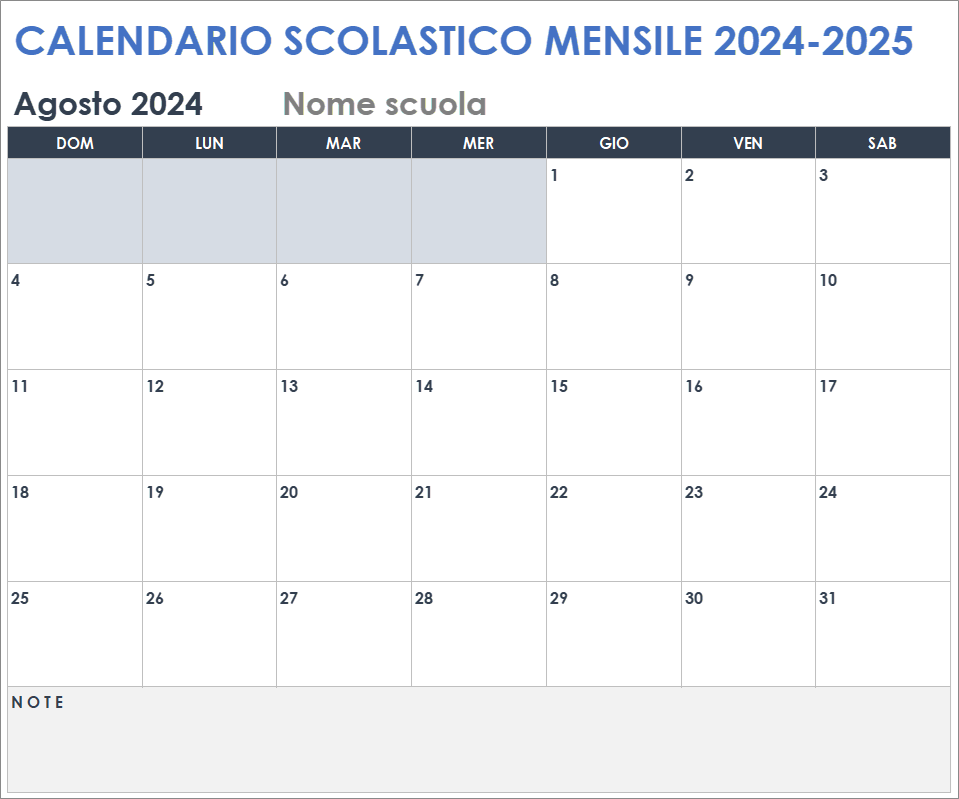  Modello di calendario scolastico mensile 2024-2025