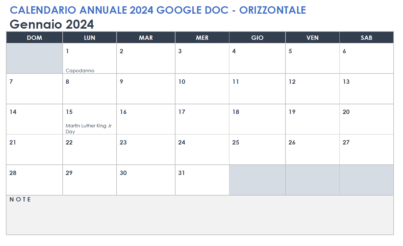  Modello orizzontale del calendario annuale di Google Doc 2024