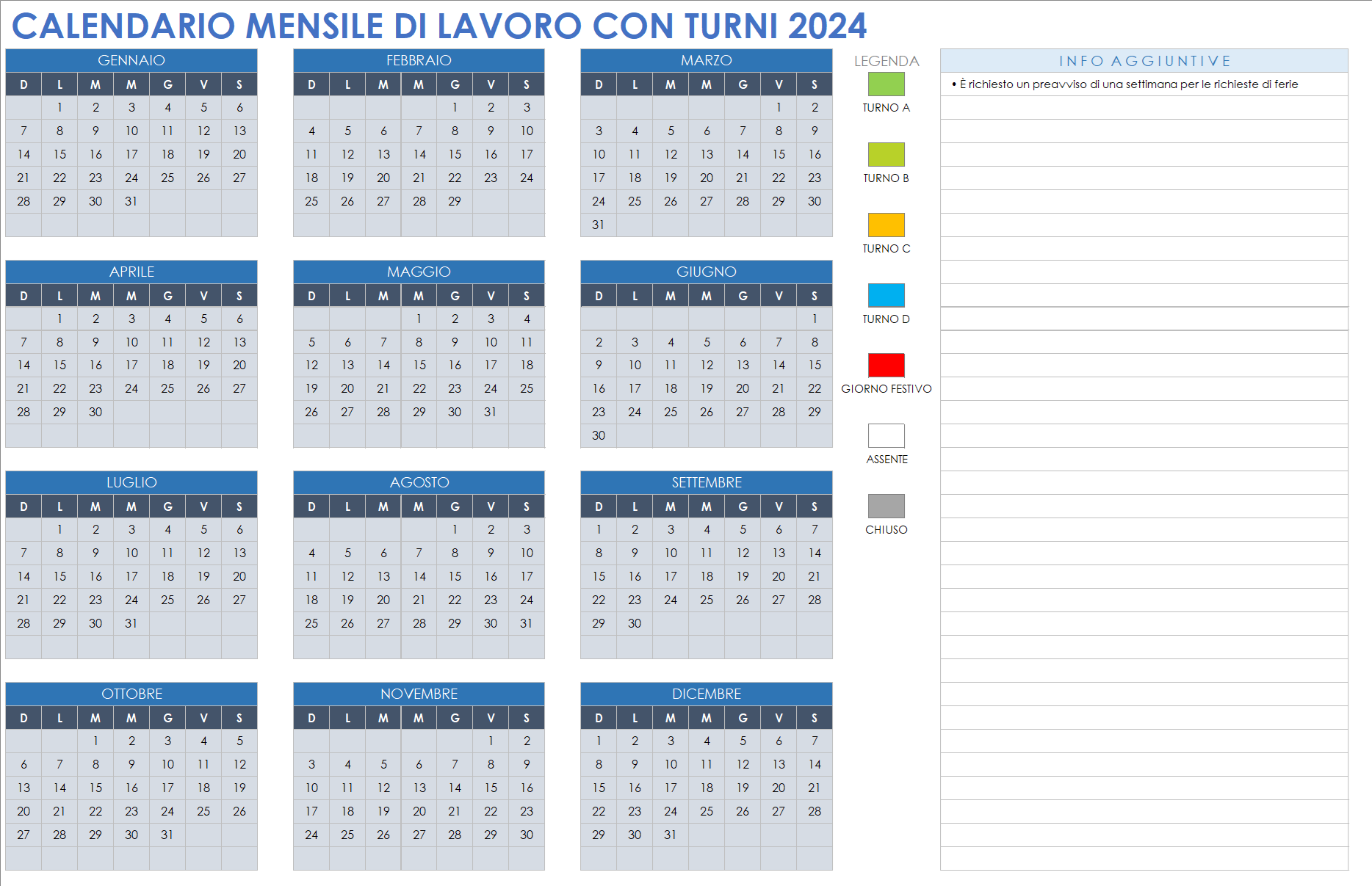  Modello di calendario mensile per il lavoro a turni 2024