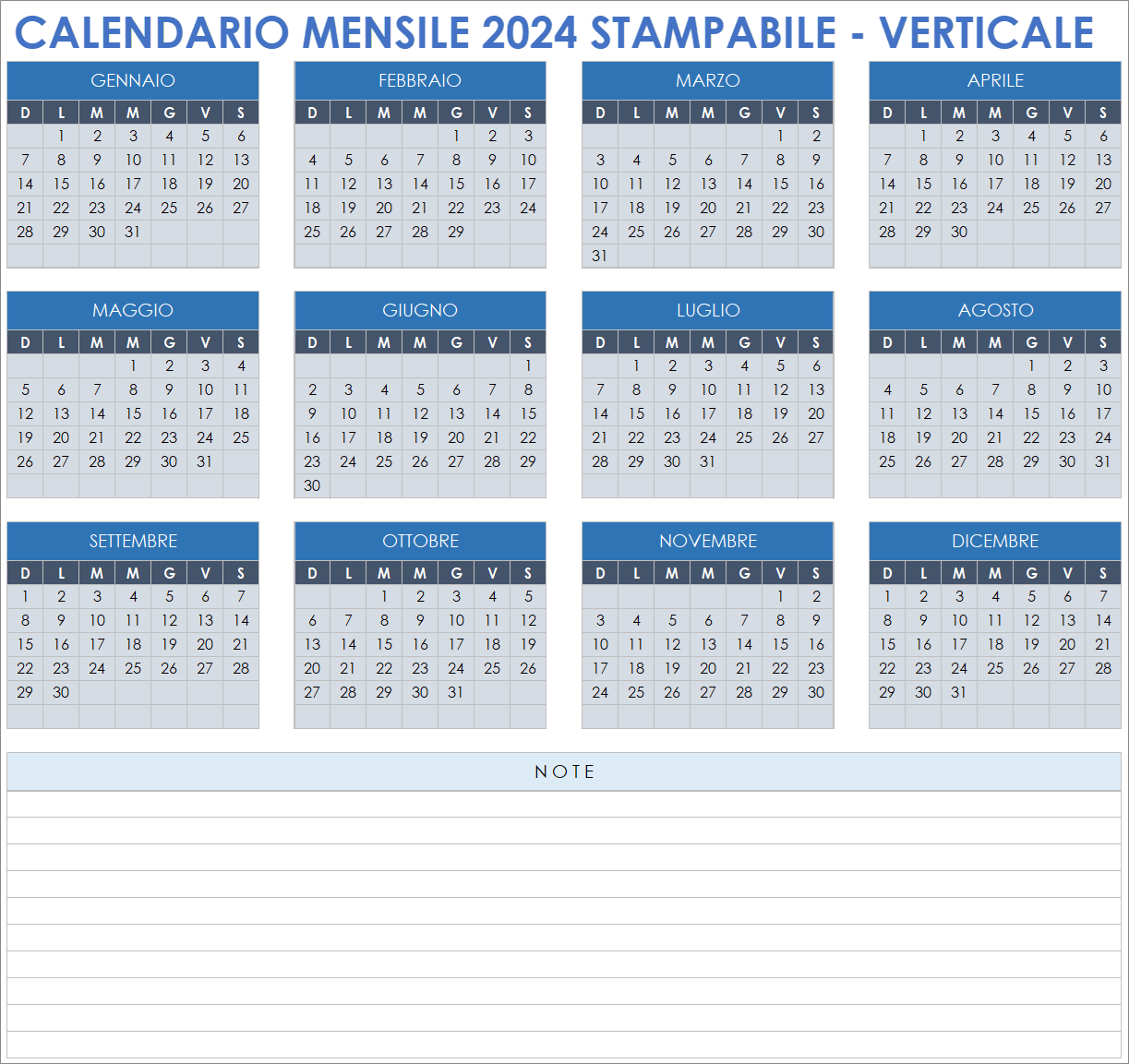  Modello di ritratto di calendario mensile stampabile 2024