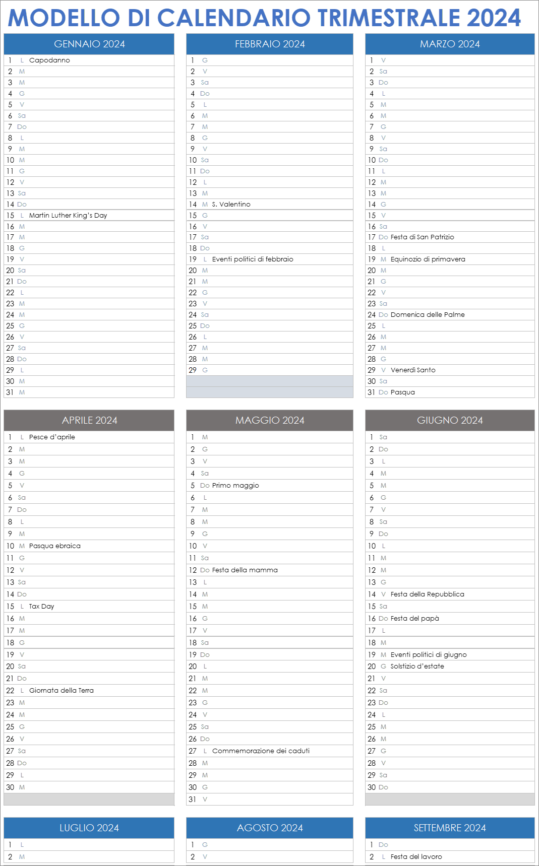  Modello di calendario trimestrale 2024