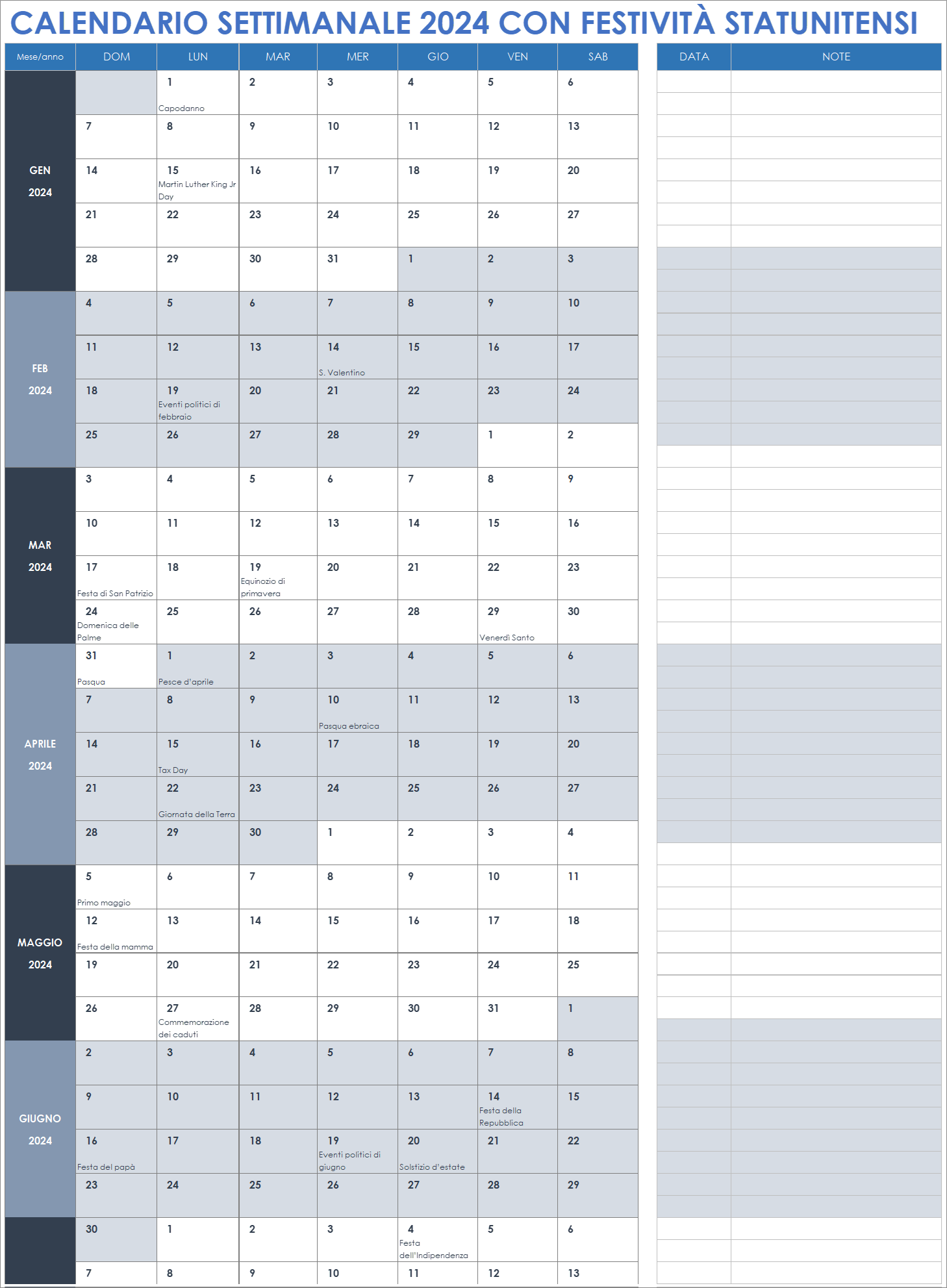  Modello di calendario settimanale 2024 con festività negli Stati Uniti