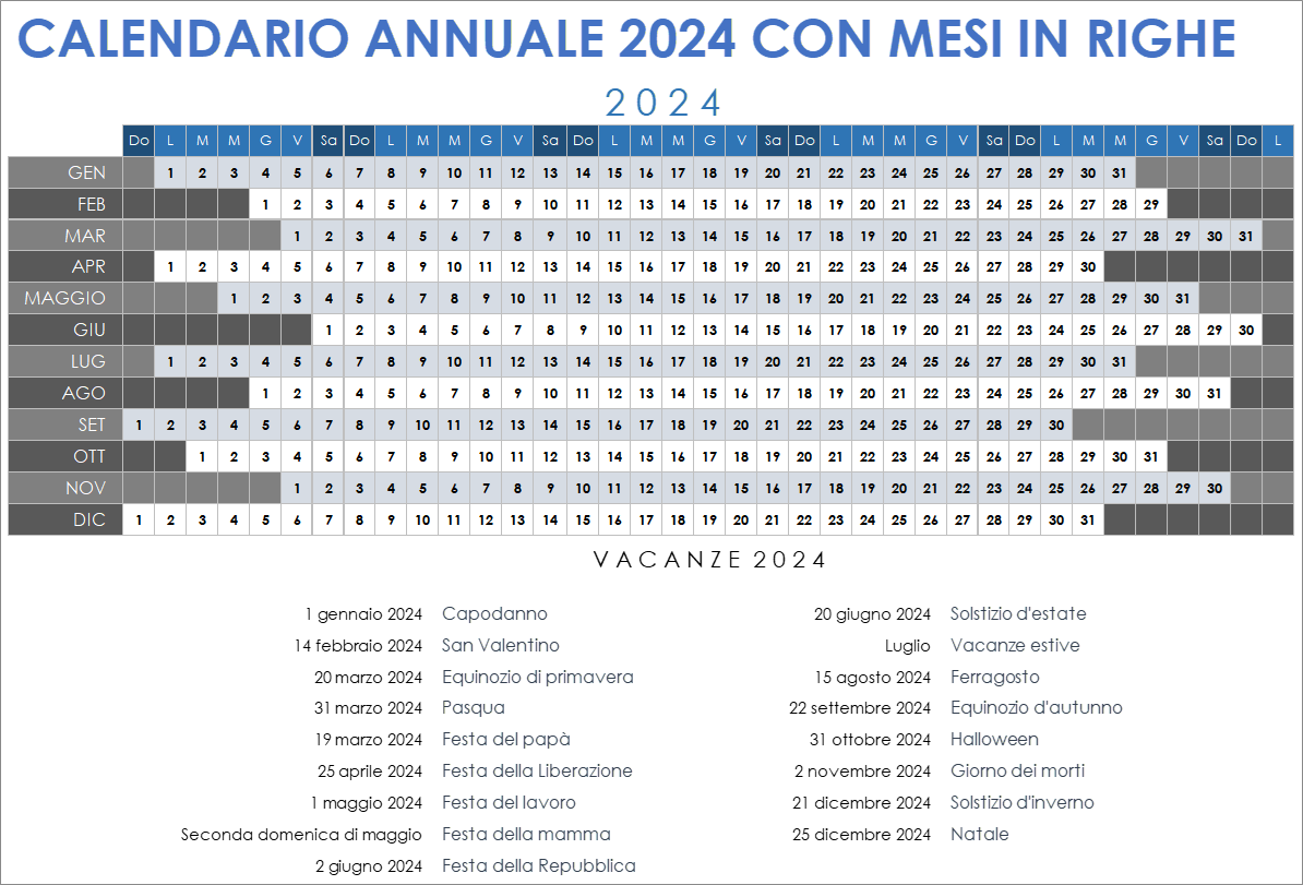  Modello di calendario annuale 2024 con mesi in righe