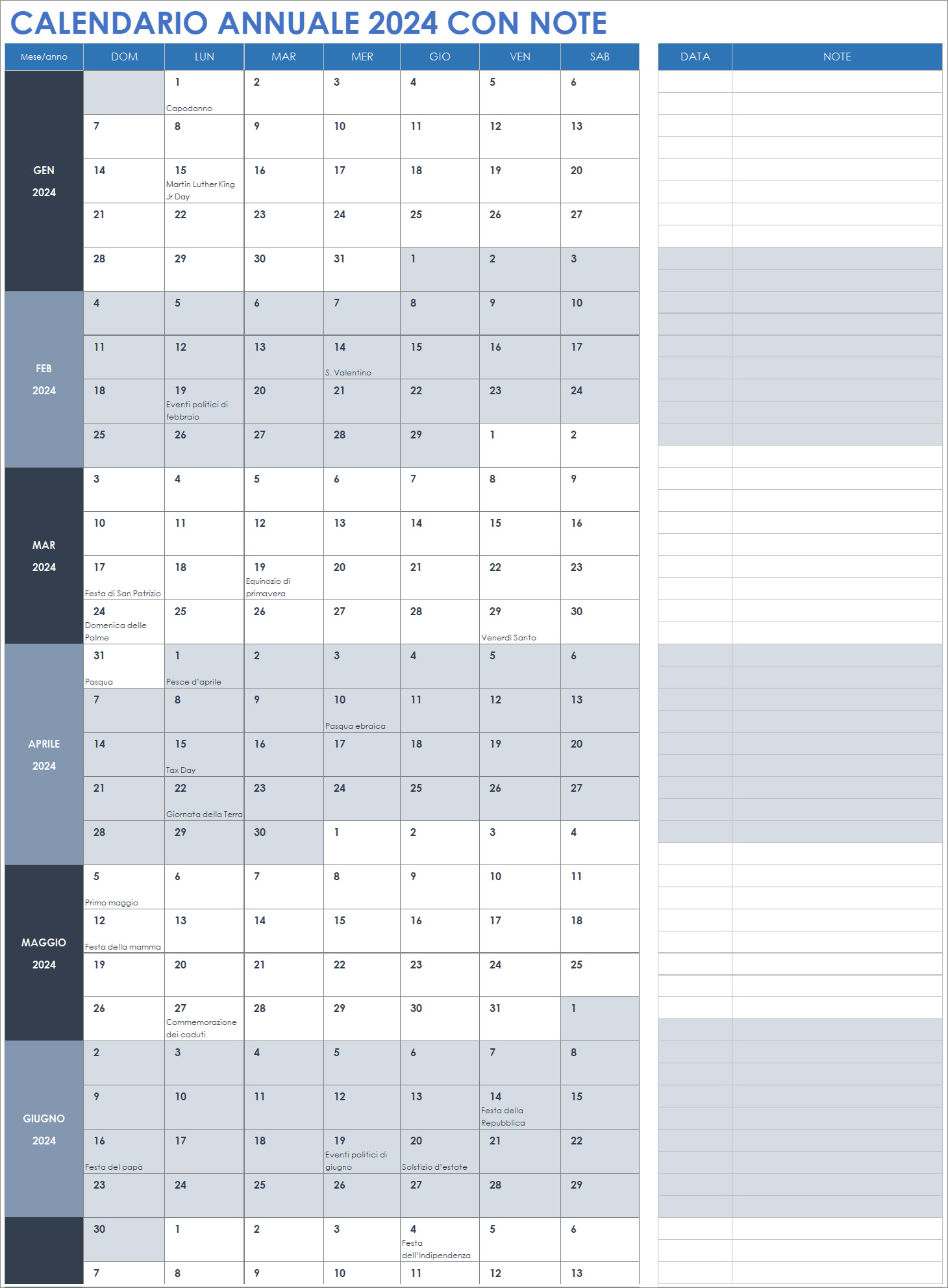  Modello di calendario annuale 2024 con note