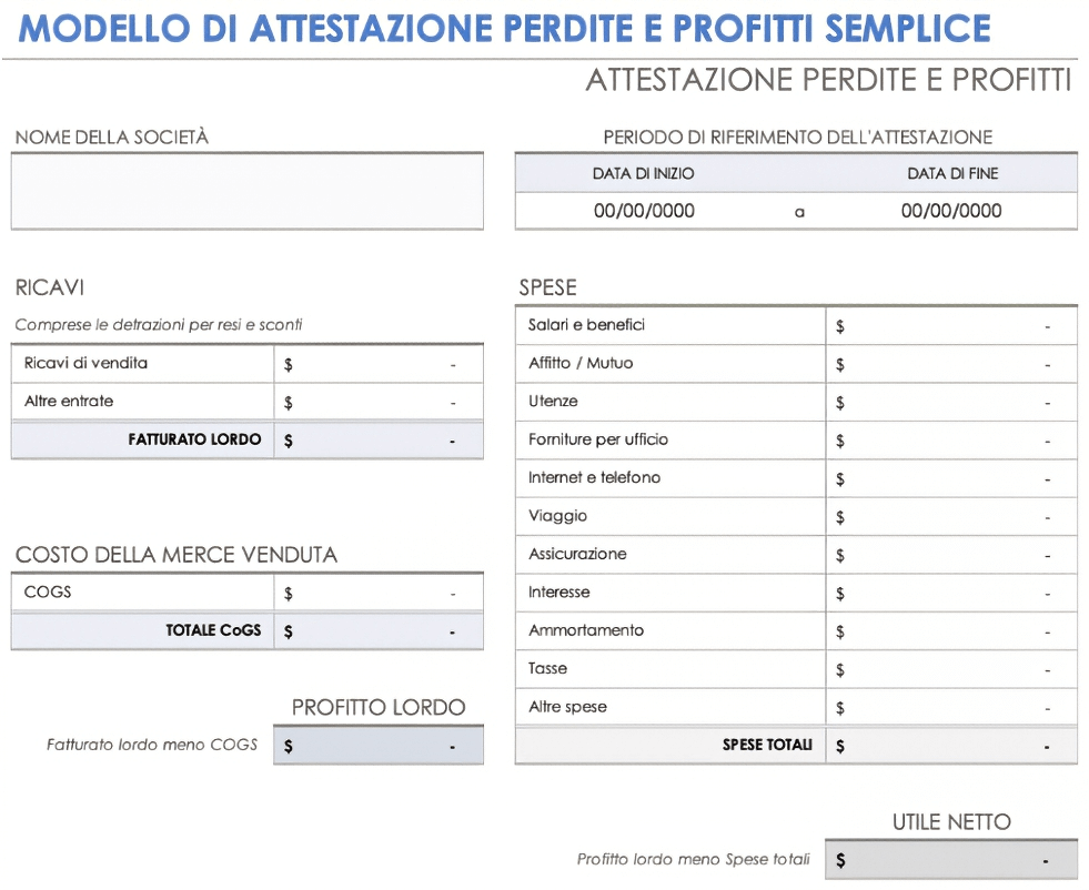  Modello stampabile per il rendiconto profitti e perdite