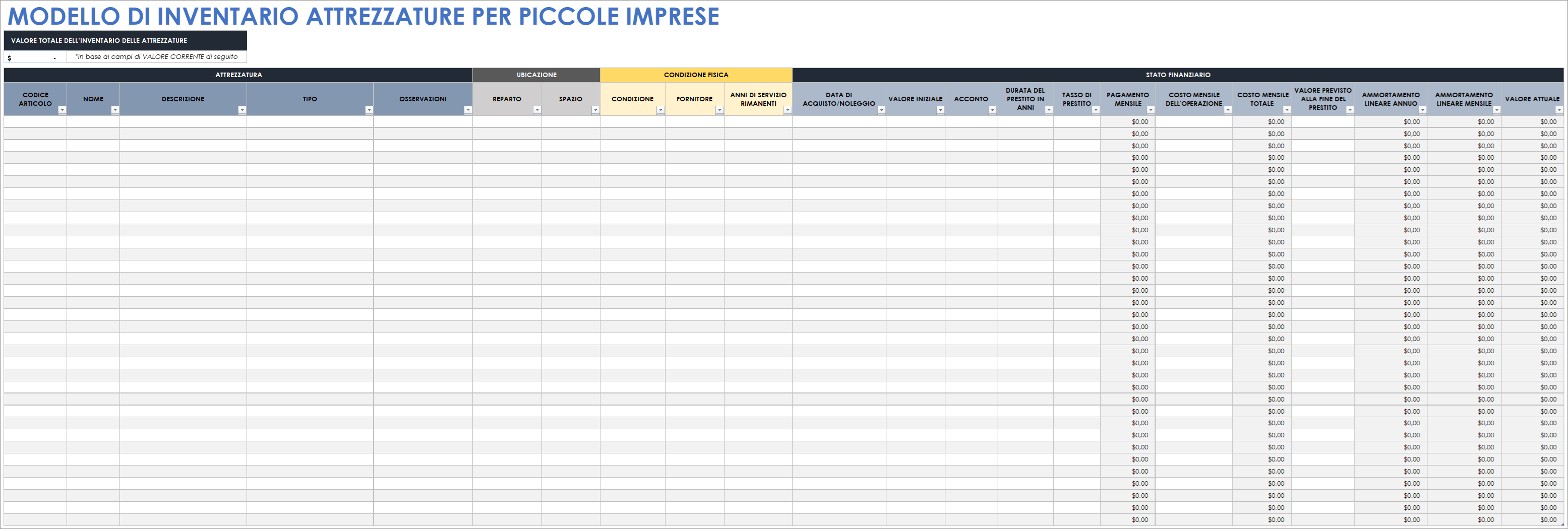  Modello di inventario delle attrezzature per piccole imprese