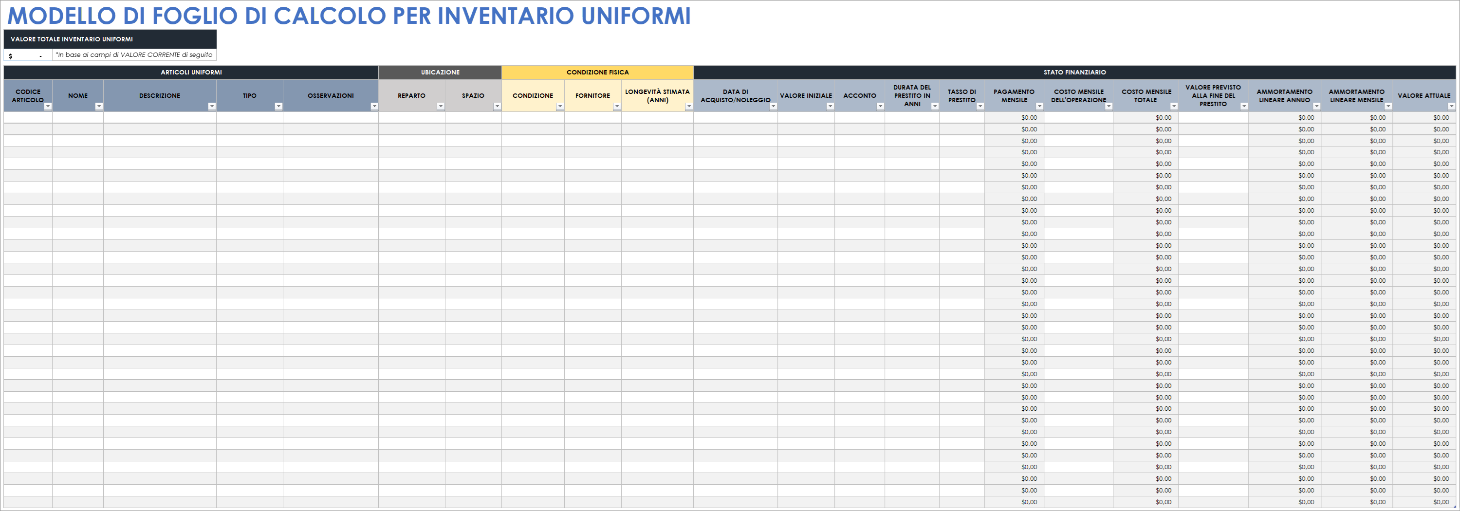  Modello di foglio di calcolo per inventario uniforme