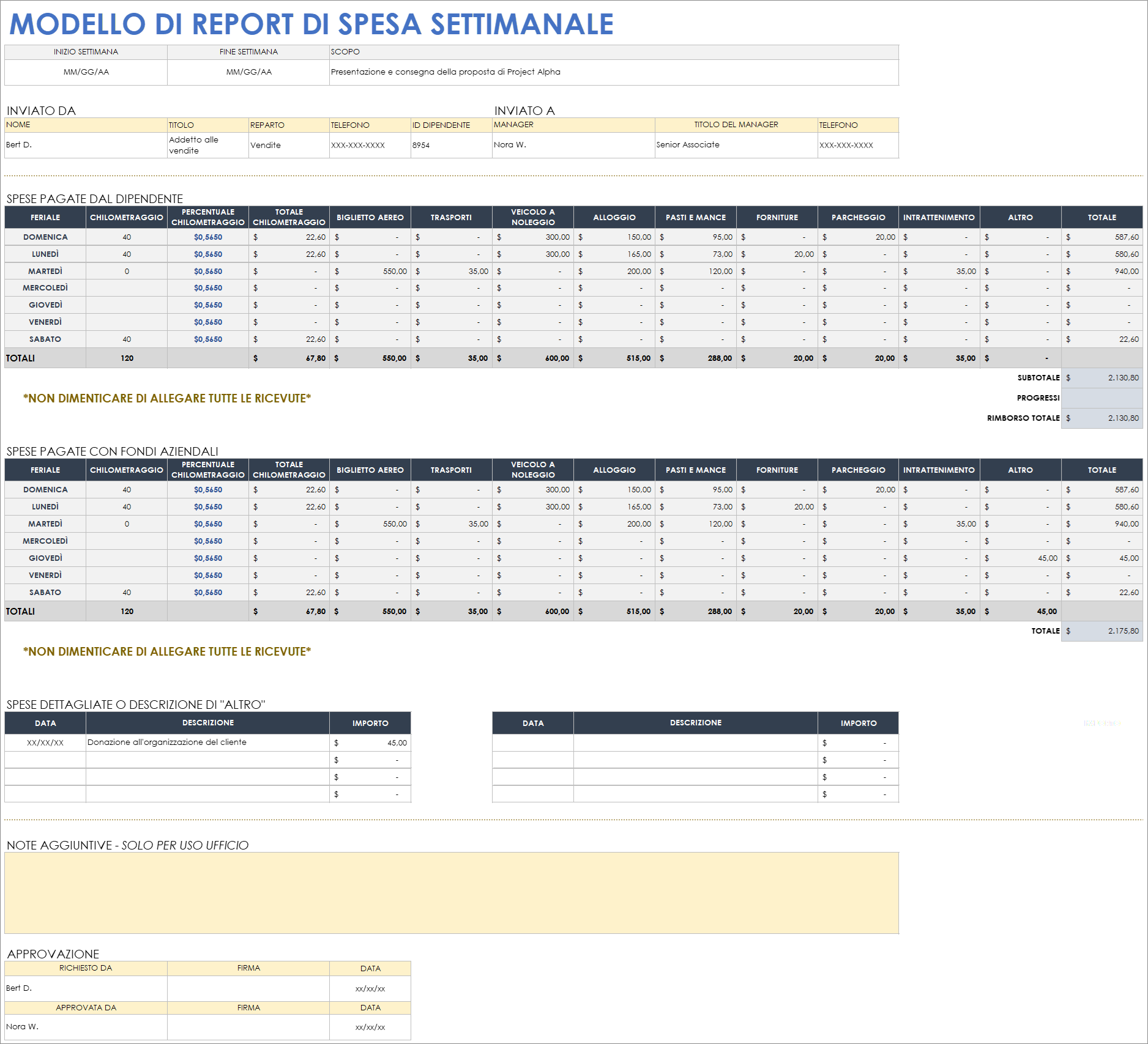  Modello di resoconto spese settimanale