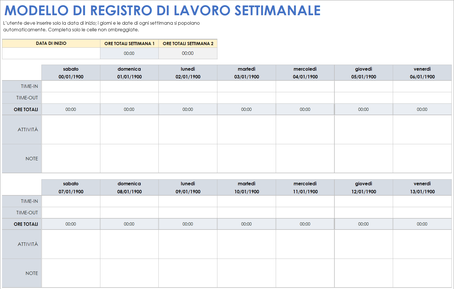  Modello di registro di lavoro settimanale