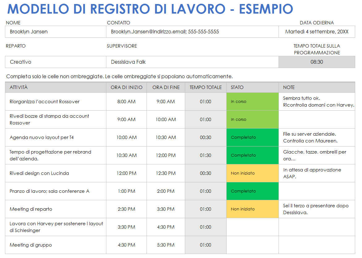  Modello di esempio di registro di lavoro