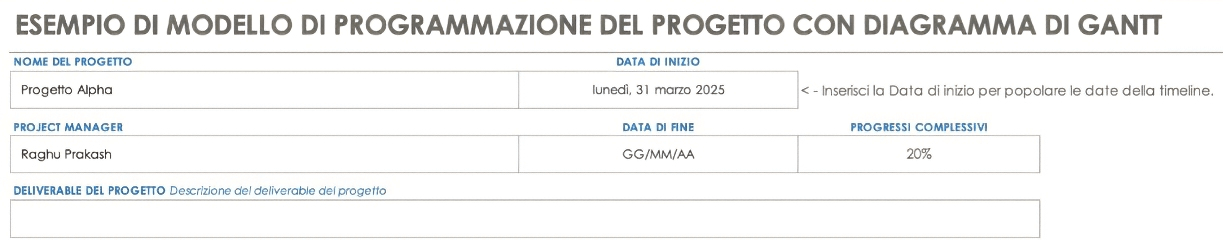  pianificazione del progetto Excel dettagli di base