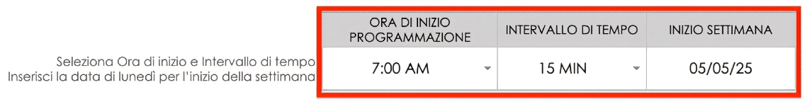  intervallo di tempo di inizio pianificazione inizio settimana