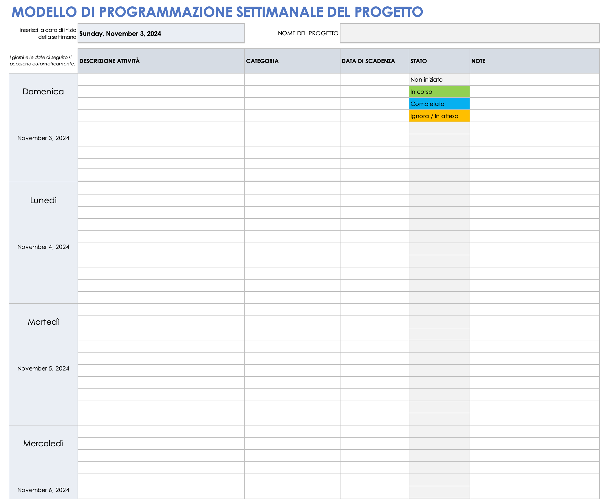 Modello di pianificazione settimanale del progetto