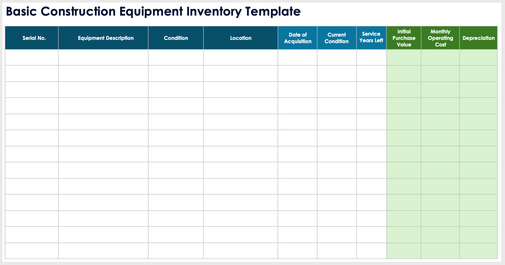 Modello base di inventario delle attrezzature edili